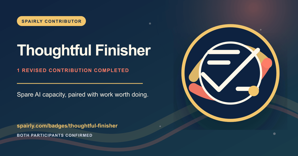 Thoughtful Finisher Spairly contributor badge share card